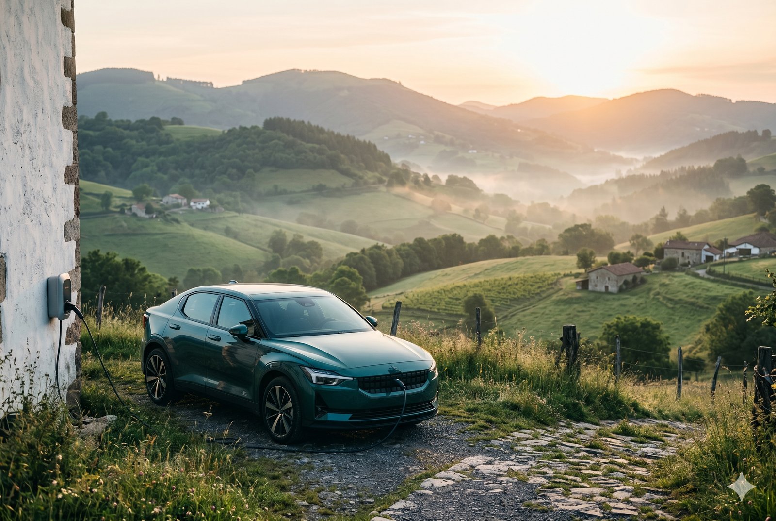 Coche eléctrico cargando en un caserío vasco al amanecer